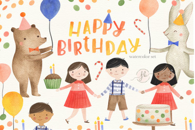 Happy Birthday Watercolor Girl and Boy Illustration Set