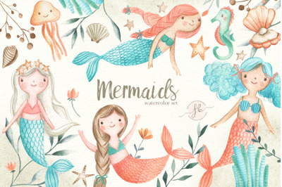 Mermaids Girl Watercolor Clipart