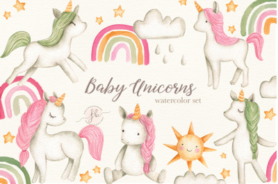 Baby Unicorns Watercolor Clipart