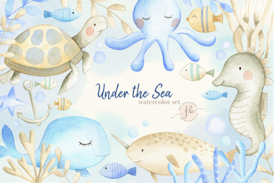 Sea AnImals watercolor illustration set