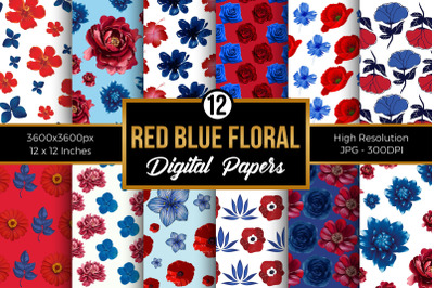 Red &amp; Blue Watercolor Flowers Digital Papers