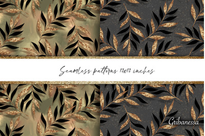 Seamless patterns, gold and black leaves