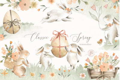 Spring Bunnies Easter Watercolor Clipart