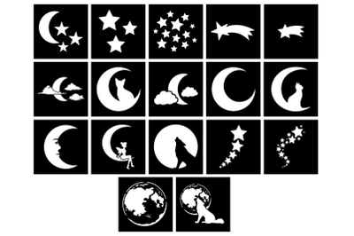 17 Moon Stencil, Moon and Stars Stencil Digital Templates SVG PNG.