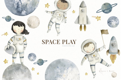 Astronauts in Space Watercolor Clipart Set