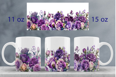 Purple roses mug wrap design Floral mug sublimation png Blossom