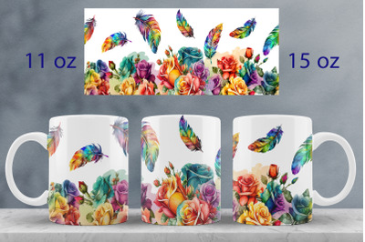 Rainbow roses mug wrap design Floral mug sublimation png