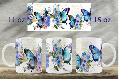 Blue Butterfly mug wrap design Floral mug sublimation png