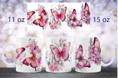 Pink Butterfly mug wrap design Floral mug sublimation png