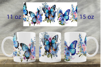 Blue Butterfly mug wrap design Floral mug sublimation png