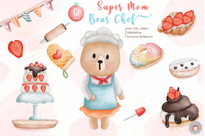 Watercolor Super Mama Bear Chef Clipart