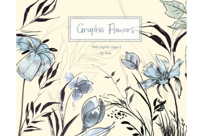 Hand Drawn Line Art Floral Clipart. Graphic Botanical Elements PNG,