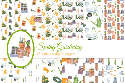 Spring gardening seamless pattern digital papers pack, spring backgrou