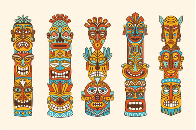 Native tribal masks. Indian totems tiki hawaii masks recent vector aut