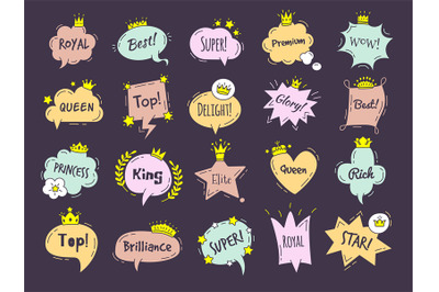 Dialogue graphic shapes. Luxury comic bubbles queen or princess crowns