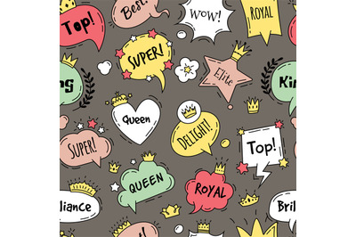 Comic bubbles pattern. Funny dialogue luxury phrases for princess or q