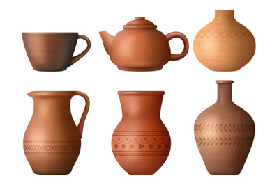 Clay pots. Hand made realistic authentic clay kitchenware collection c