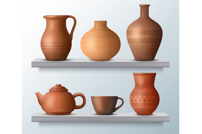 Clay pots on shelves. Different authentic kitchenware on kitchen shelv