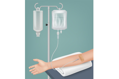 Medical dropper. Realistic medical background with saline bag for pati