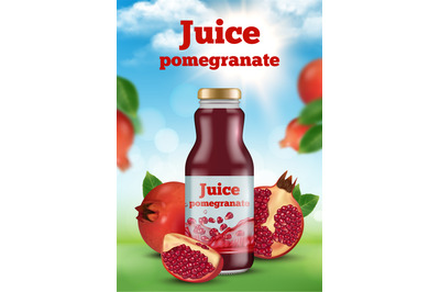 Pomegranate juice. Ads promotional placard with juice liquid healthy p