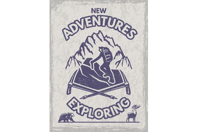 Adventure placard. mountain hiking and exploring. Vector poster with p