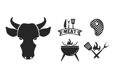 BBQ grill elements. Barbecue grilling icons beef steak roaster utensil