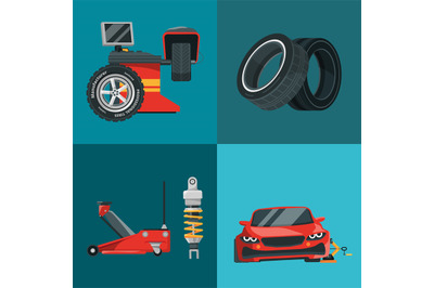 Car service. jack tire balancing vehicle repair tools. Vector concept