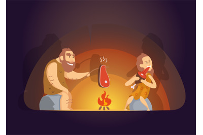 Cave people. wild persons male and female eating meat in cave. Vector