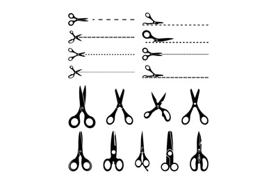 Cutoff scissors. Cut tools and cutting lines black signs isolated on w