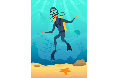 Diving. male character with scuba underwater swimming and exploring oc