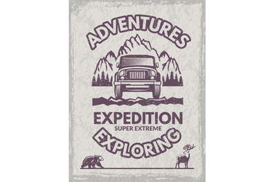 Exploration poster. placard with symbols of wild adventure on suv car.