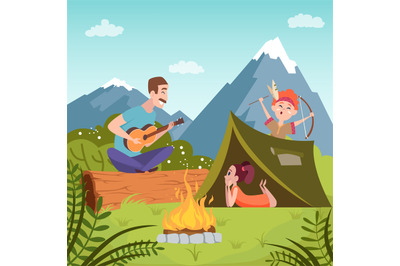 Family outdoor. father with kids relax in tent near campfire. Vector b