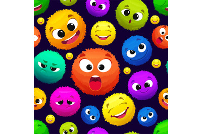 Fluffy emoticons pattern. colored round fluffy characters. Vector seam