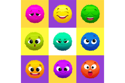 Fluffy emoticons. funny cartoon faces on colored emoticons. Vector car