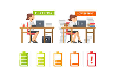 Full and low energy. tired female manager at work daily routine concep