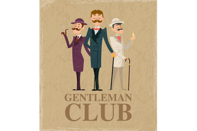 Gentleman club. standing classical characters in jackets coats and hat