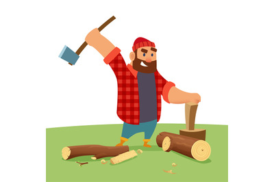 Lumberjack. outdoor character lumberjack smashing wood with big axe. v