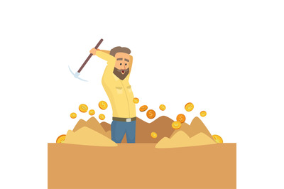 Miner working. workers with pickaxe smashing on golden stones and mini