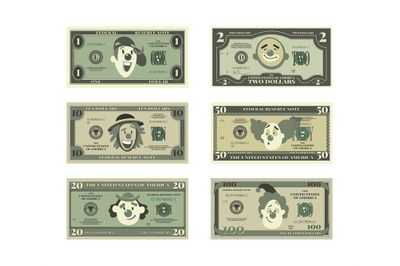 Money template. print design of money with funny clown faces. vector p