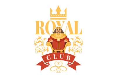 Royal club label. luxury badges template with cartoon king sitting on