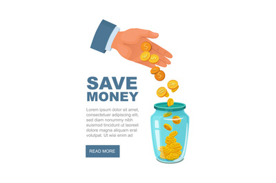 Save money. hands putting money coins to transparent jar. vector busin