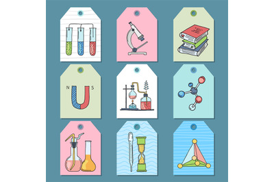 Science tags. chemical symbols tubes formulas books magnet microscope.