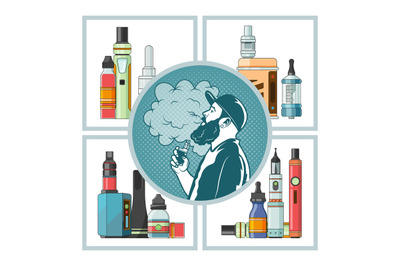 Vape tools. collections of electronic cigarettes for vaping. vector te