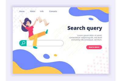 Seo landing page. Website template with search bar and characters find