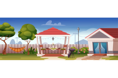 Terrace background. Outdoor village landscape with gazebo and hammock