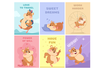 Hamsters cards. Posters design with chubby characters happy hamsters o