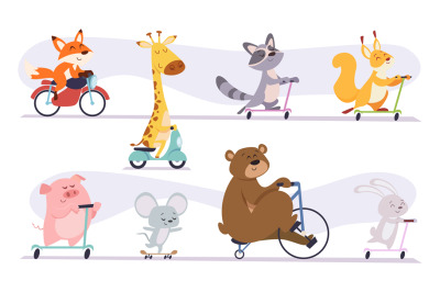 Animals riding. Cute funny wild characters riding bikes cars and scoot