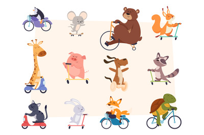 Animals riding. Characters in action poses sitting and riding scooter