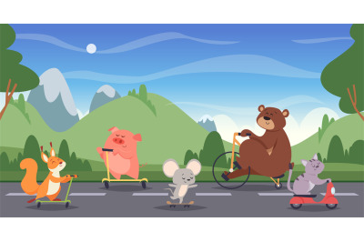 Animals riding background. Cartoon template with funny animal in actio