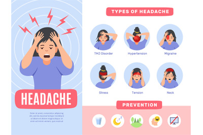 Headache pain infographic. Symptoms of headache various treatment meth